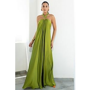Dames Lange jurk maxi-jurk Satijnen Jurk blauw Oranje Groen Heldere kleur Mouwloos Zomer Lente Blote rug Modieus Halternek Ruim Passend 2023 S M L XL