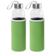 2x Stuks glazen waterfles/drinkfles met groene softshell bescherm hoes 520 ml - thumbnail