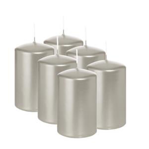 Cilinderkaars/stompkaars - 6x - metallic zilver - 6 x 8 cm - 29 branduren