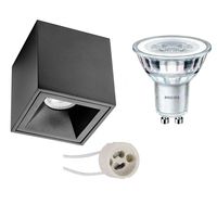 Opbouwspot Set - Pragmi Cliron Pro - GU10 Fitting - Opbouw Vierkant - Mat Zwart - Verdiept - 90mm - Philips - CorePro 840 36D - 3.5W - Natuurlijk Wit 4000K