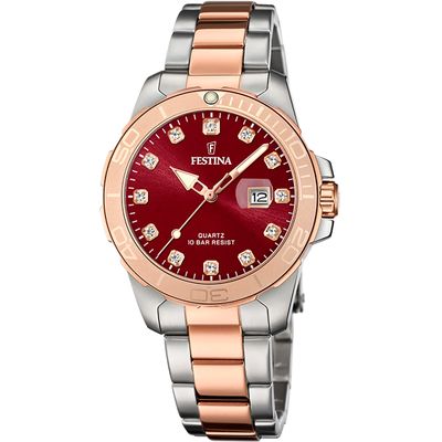 Festina F20505/2 Horloge Boyfriend staal zilver- en rosekleurig-bordeaux 34,5 mm