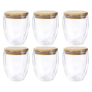 Thermische koffieglazen/theeglazen dubbelwandig - 6x - met bamboe deksel - 250 ml