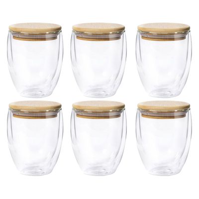 Thermische koffieglazen/theeglazen dubbelwandig - 6x - met bamboe deksel - 250 ml