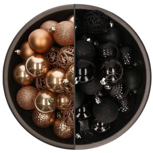 74x stuks kunststof kerstballen mix van camel bruin en zwart 6 cm