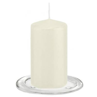 Trend Candles - Stompkaarsen met glazen onderzetters set van 2x stuks - ivoor wit 6 x 12 cm