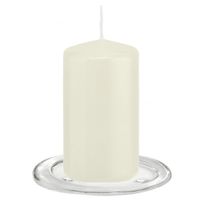 Trend Candles - Stompkaarsen met glazen onderzetters set van 2x stuks - ivoor wit 6 x 12 cm