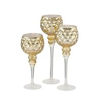 Luxe glazen design kaarsenhouders/windlichten set van 3x stuks champagne/goud transparant 30-40 cm - thumbnail