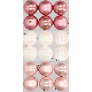18x stuks kunststof kerstballen mix van lichtroze, parelmoer wit en oudroze 8 cm   -