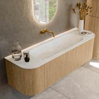 Mondiaz KURVE-DLUX 150 cm Onderkast Greeploos 1 Lade Met Deuren Oak, Wastafel Solid Surface Midden Opalo 0 Kraangaten Zonder Spiegel (KRVBGM150L+R1L2D0KM-Oak/Opa)