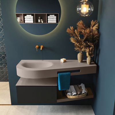 MONDIAZ RIVA 120cm badmeubel onderkast / planchet kleur Urban met 1 lade. Wastafel DULCET links 0 kraangaten kleur Smoke.