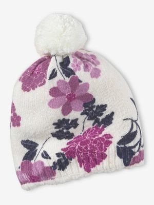 Fijngebreide meisjesmuts met bloemenprint roze, bedrukt