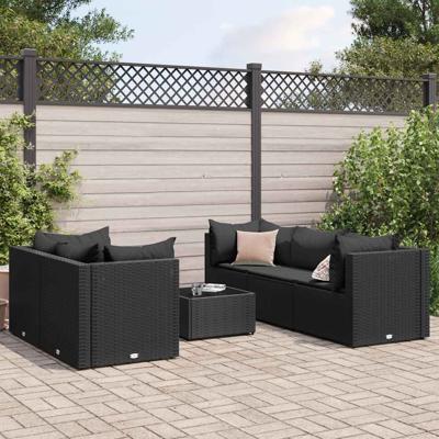 6-delige Loungeset met kussens poly rattan zwart
