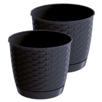 2x stuks ronde gevlochten plantenpotten/bloempotten kunststof dia 30 cm en hoogte 26 cm antraciet gr