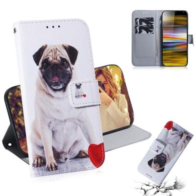Pug patroon gekleurde tekening horizontale Flip lederen draagtas voor Sony Xperia 10 plus met houder & kaartsleuven & portemonnee