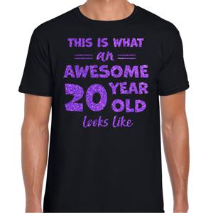 Cadeau T-shirt voor heren - leeftijd 20 jaar - awesome - zwart - glitter paars - Verjaardagsfeest