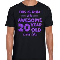 Cadeau T-shirt voor heren - leeftijd 20 jaar - awesome - zwart - glitter paars - Verjaardagsfeest - thumbnail