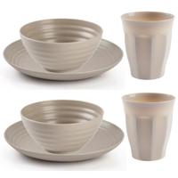 Camping Servies set - kunststof - beige - 6x borden/6x drinkbekers/6x kommetjes