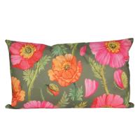 Sierkussen voor binnen en buiten - klaprozen bloemen - groen/roze - 30 x 50 cm - tuinkussen