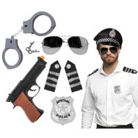 Carnaval verkleed set - politiepet zwart - handboeien/epauletten/badge/zonnebril/pistool