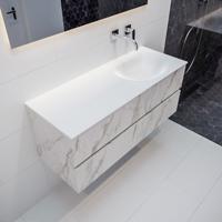 Mondiaz Vica Moon badmeubel wit carrara mat 120 cm 4 lades solid surface enkele spoelbak rechts zonder kraangat - thumbnail