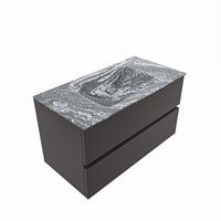 MONDIAZ VICA-DLUX 90cm badmeubel onderkast Dark grey 2 lades. Inbouw wastafel CLOUD midden zonder kraangat, kleur Lava, en spiegel model SPOT