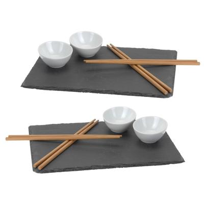 Sushi serveren set - voor 4x personen - 7 delig - Leisteen plankje / kommetje / eetstokjes