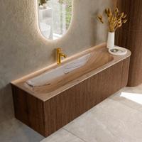 Badmeubel Mondiaz Kurve-Dlux | 145 cm | Meubelkleur Walnut | Wastafelkleur Arena | Solid surface | Wasbak linker zijde spoelbak | 1 kraangat