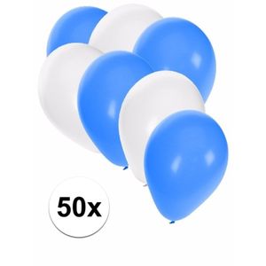 50x Ballonnen - 27 cm - blauw / witte versiering