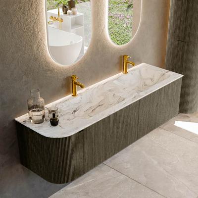Badmeubel Mondiaz Kurve-Dlux | 155 cm cm | Meubelkleur Shadow | Wastafelkleur Glace | Solid surface | Dubbel / Rechts spoelbak | 2 kraangaten
