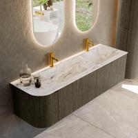Badmeubel Mondiaz Kurve-Dlux | 155 cm cm | Meubelkleur Shadow | Wastafelkleur Glace | Solid surface | Dubbel / Rechts spoelbak | 2 kraangaten