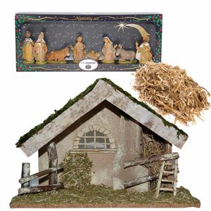 Complete kerststal 42 x 19 x 30 cm met beelden en stro   -