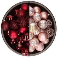 74x stuks kunststof kerstballen mix van donkerrood en lichtroze 6 cm - thumbnail