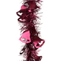 Lametta kerstslingers - 2x - donkerrood - folie - 200 x 12 cm - met kerstklokjes - thumbnail