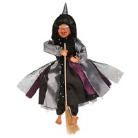 Halloween decoratie heksen pop op bezem - 40 cm - zwart/grijs   -
