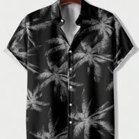 Bon&Bon Men's Tropical Plant Print Short Sleeve Boho Button Up Shirt Black and White-2 / XL