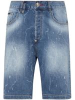 Philipp Plein logo-patch stonewashed denim shorts - Bleu