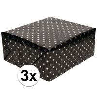 3x Cadeaupapier holografisch zwart met zilveren sterretjes print 150 cm per rol - Cadeaupapier