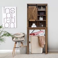 Houten Boventoiletkast 4 Planken met Schuifdeur Industrieel Badkameropbergmeubel met Anti-Tip-Apparaat 67x25x172cm Retrogrijs
