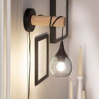 Wandlamp slaapkamer zwart 'Mona' met stekker E27 fitting hout kooi industrieel - thumbnail