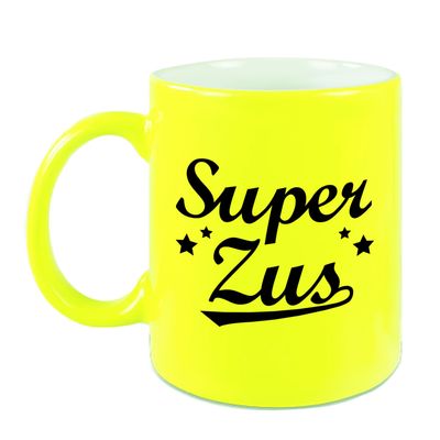 Super zus cadeau mok / beker neon geel met sterren 330 ml