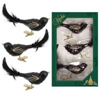 3x stuks luxe glazen decoratie vogels op clip zwart 11 cm   -