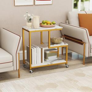 Bijzettafel met Wieltjes 3-Laagse Salontafel in Marmerlook Koffietafel Kleine Salontafel voor Woonkamer Slaapkamer Werkkamer
