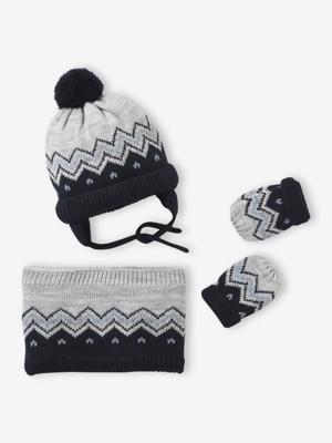 Jacquard babyset muts, snood en wanten gemêleerd grijs