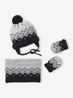 Jacquard babyset muts, snood en wanten gemêleerd grijs