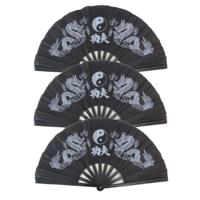 Chinees/aziatisch Waaier - Set van 3x stuks - Tai Chi - zwart - 62 x 33 cm - Oosters decoratie voor