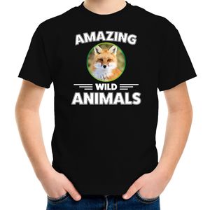T-shirt vossen amazing wild animals / dieren zwart voor kinderen XL (158-164)  -