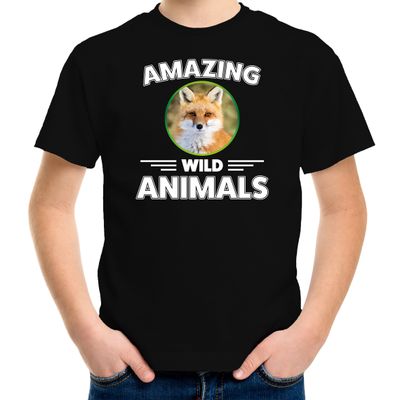 T-shirt vossen amazing wild animals / dieren zwart voor kinderen