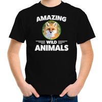T-shirt vossen amazing wild animals / dieren zwart voor kinderen XL (158-164)  - - thumbnail