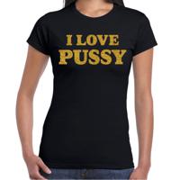 Foute party t-shirt dames - I love pussy - zwart - glitter goud - carnaval/themafeest