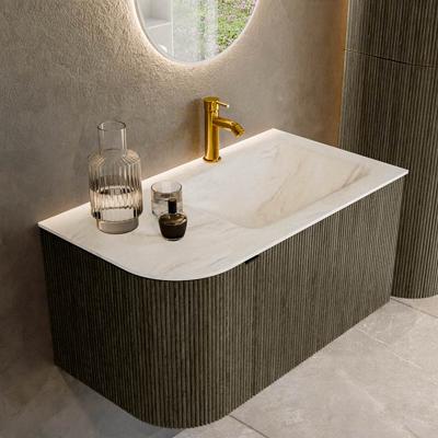 Badmeubel Mondiaz Kurve-Dlux | 85 cm cm | Meubelkleur Shadow | Wastafelkleur Ostra | Solid surface | Wasbak rechter zijde spoelbak | 1 kraangat